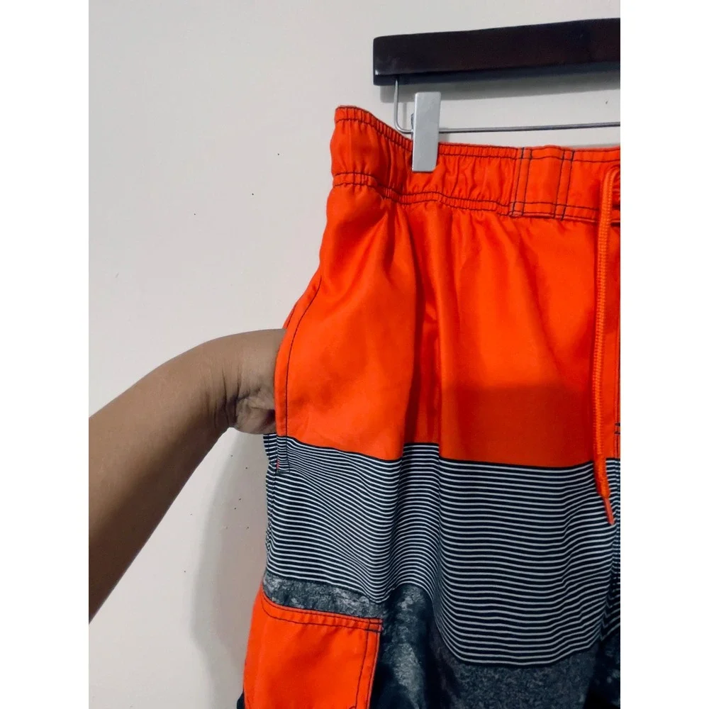 O'Rageous Mens Swim Trunks XL Orange Striped Cargo Board‎ Shorts Mesh Lined